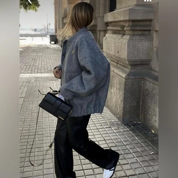 NWT viral Zara Oversized boucle bomber jacket, navy blue - Picture 6 of 7